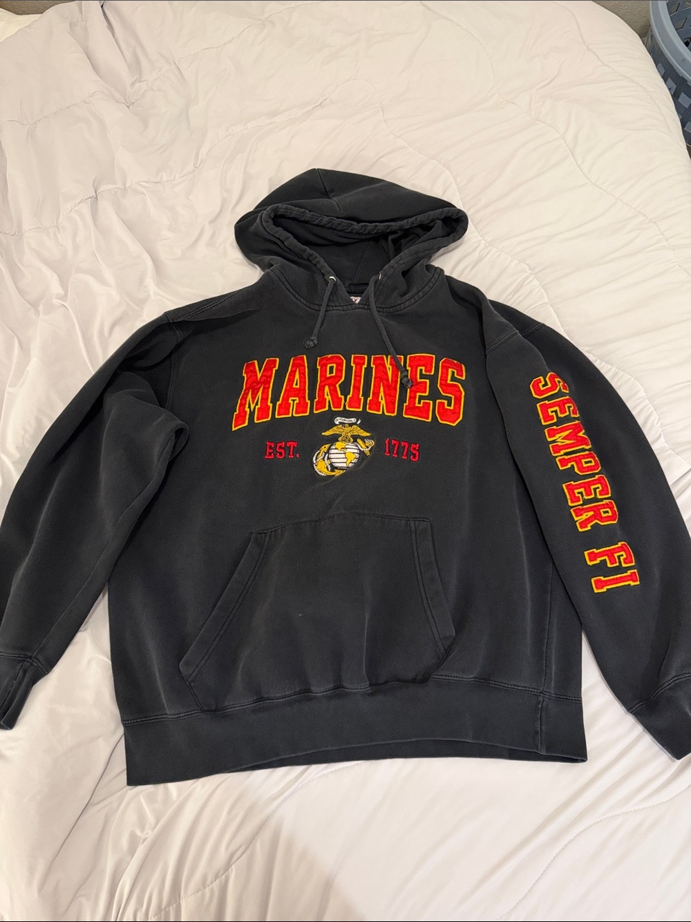 MV Sport Black Hoodie with Red and Yellow Marines Lettering